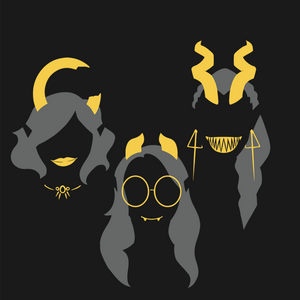 IMAGE: Simplified silhouettes of (from left to right) Euphoria, Ophelia, and Idara from Threeflings. They are grey and gold.